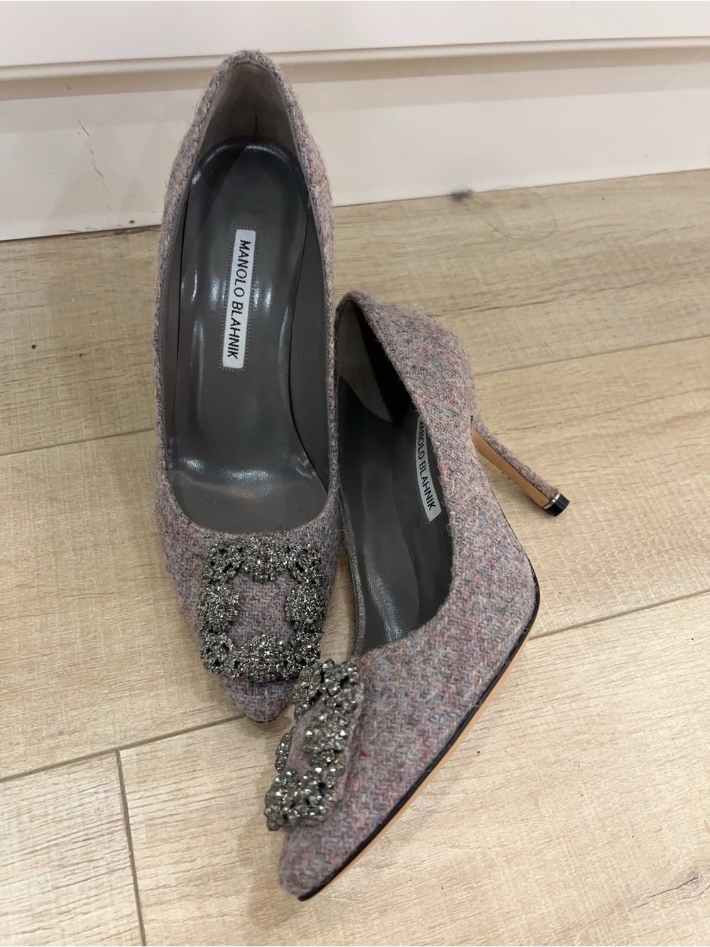 Manolo Blahnik Pink Tweed Crystal-Buckle Pointed-Toe Pumps